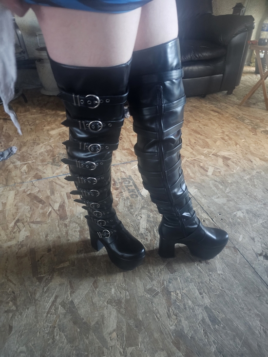 Shoes - Black Over-the-Knee Buckle Platform Boots - Women